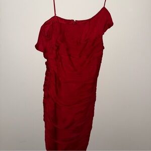 Carmen Marc Valvo Red Silk Asymmetrical Ruched Cocktail Dress